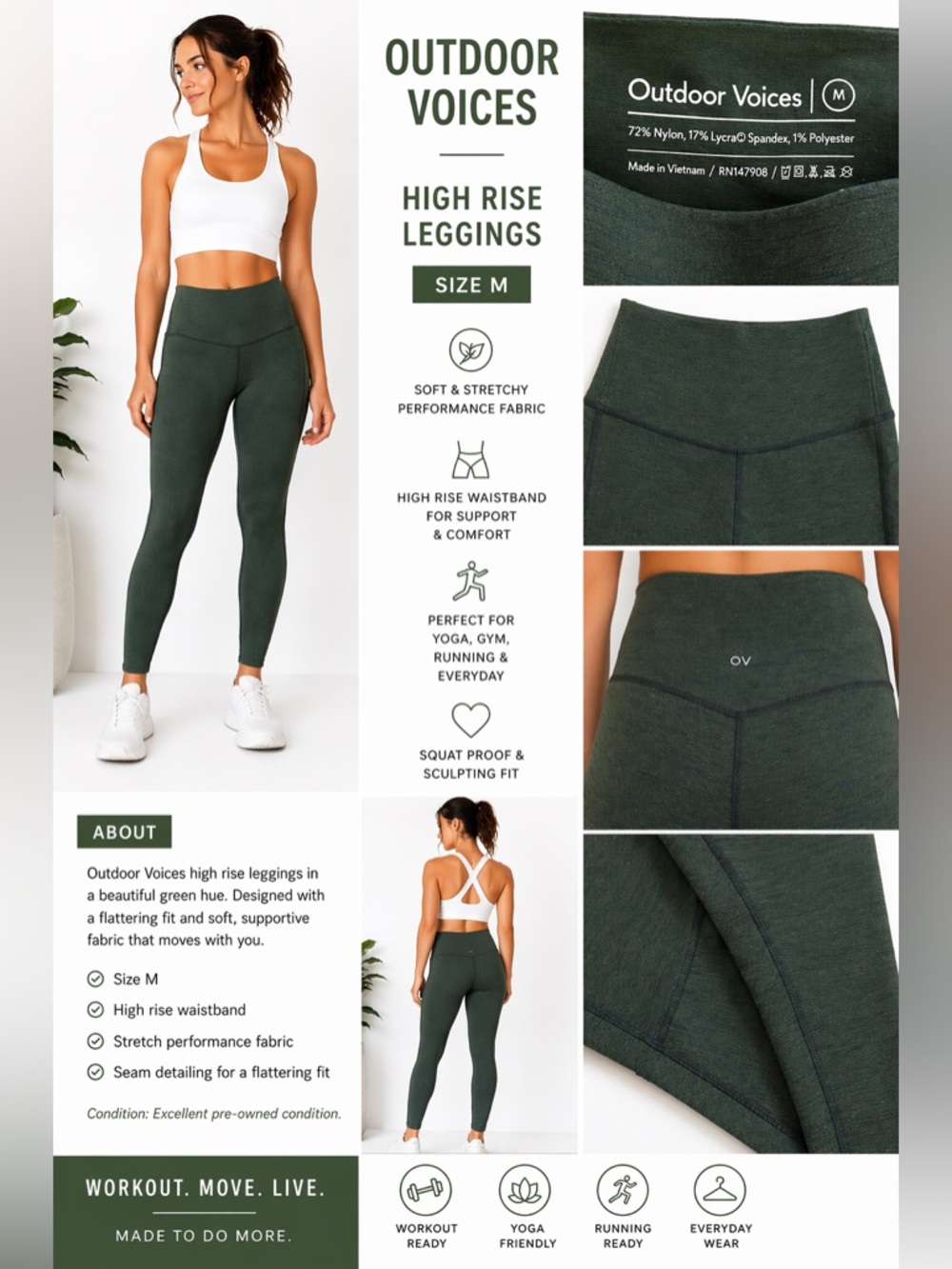 Outdoor Voices High Rise Leggings Sz M | Green Yoga Gym Workout Athleisure